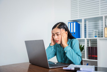 Photo of young woman business lady tired hard working at home suffering terrible migraine in the room.