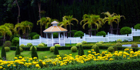 green garden on the hill with white fence