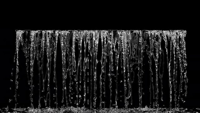 Close up Liquid Waterfall front view on black background. 3D animation with alpha channel. 4K.