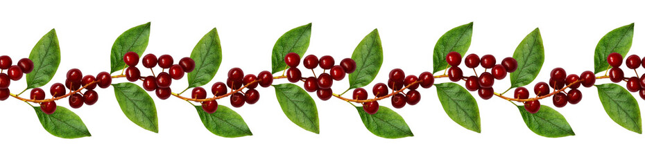 Red bird-cherries with leaves in a seamless pattern