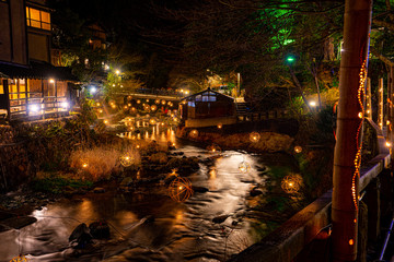 bamboo lantern in hot spring town at night