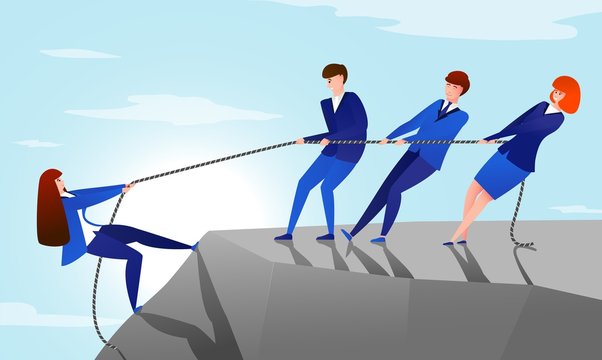 Colleagues pull rope. Teamwork concept with cartoon office workers helping to reach the top of the mountain to their colleague. Vector success or helpful friend illustration, pulling up business team