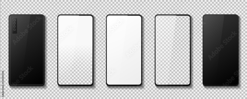 Poster realistic phone. gadget mockup with white black and transparent screen, 3d smartphone front and back
