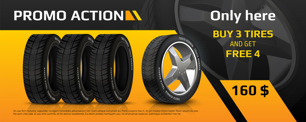Realistic tire banner. Car wheel repair and auto rubber advertising flyer, automobile information brochure with tyre sale offer. Vector image quality auto service promo poster