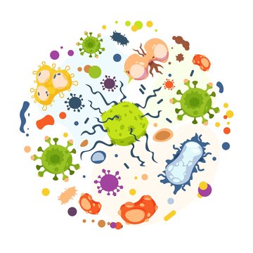 Cartoon bacteria. Virus infection, flu germs and micro organism in circle, cancer cells and epidemic disease bacterias. Vector set isolated illustration bacteria cell on white background
