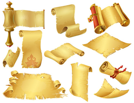 Cartoon scrolls. Ancient papyrus manuscripts and parchment, old paper scrolls for mobile and computer game. Vector vintage rolled paper, like element computer gaming on white backgroun