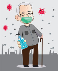 Illustration, vector, a grandfather wearing a mask and hand washing gel, in a poisonous city