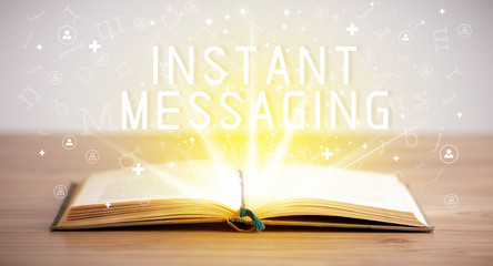 Open book with INSTANT MESSAGING inscription, social media concept