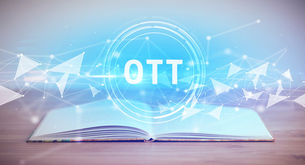 Open book with OTT abbreviation, modern technology concept