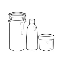 Set of cartoon contour glass bottles and cans. Zero Waste objects isolated on white background. Bring your bottle. Vector element for menu, articles and your design.