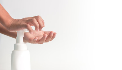 Using alcohol gel clean wash hand sanitizer anti virus bacteria dirty skin care, Stop the spread of Covid 19.
