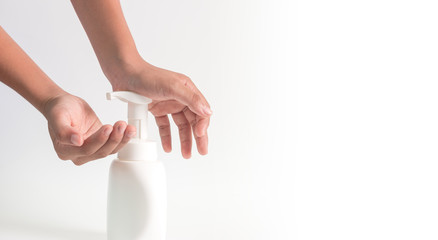 Using alcohol gel clean wash hand sanitizer anti virus bacteria dirty skin care, Stop the spread of Covid 19.