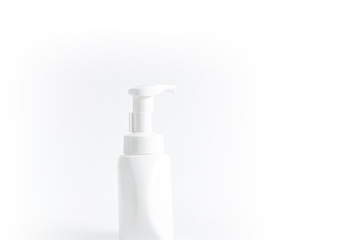 alcohol gel from pump bottle on white background. Wuhan coronavirus (COVID-19) outbreak infection prevention and control. Hygiene and health care concept