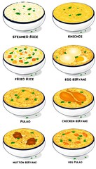 All Rice Dish Like Chicken,egg,Mutton Biryani,Khichdi,Pulao,Fried rice,Veg Biryani Food Vector