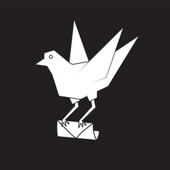 A pigeon holds an envelope in its paws on a black isolated background. Vector image