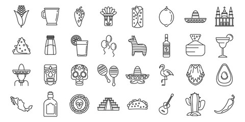 Mexico fiesta icons set. Outline set of Mexico fiesta vector icons for web design isolated on white background
