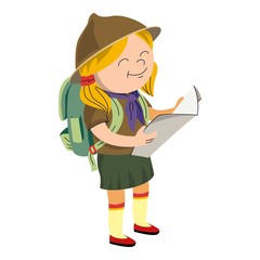 Scout girl with map icon. Cartoon of scout girl with map vector icon for web design isolated on white background
