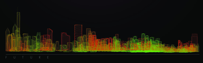 Night city illustration with neon glow colors. illustration with architecture, skyscrapers, megapolis, buildings, downtown. Landscape template background. Color art line vector © Archreactor