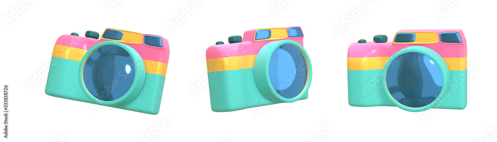 Poster 3d rendering set camera from different angles minimalism in cartoon style. template for design isola
