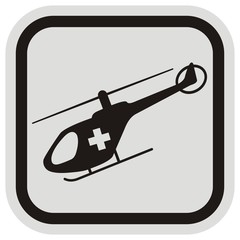 Medicopter at black and gray frame, button, vector icon. Rescue helicopter with skids.