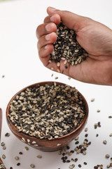 Split Black Lentil Also Know as Black Gram, Black Urad Dal, Vigna Mungo, Urad Bean in hand