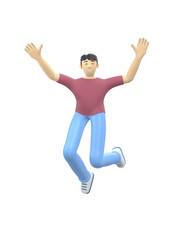 Fototapeta na wymiar 3D rendering character of an Asian guy jumping and dancing holding his hands up. Happy cartoon people, student, businessman. Positive illustration is isolated on a white background.