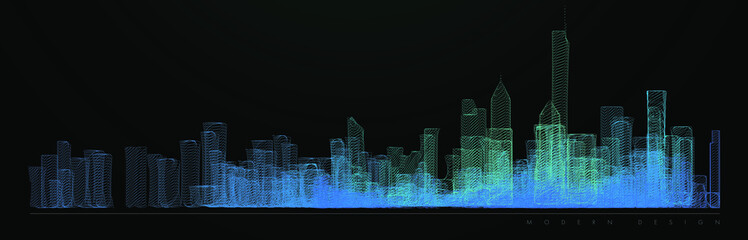 Night city illustration with neon glow colors. illustration with architecture, skyscrapers, megapolis, buildings, downtown. Landscape template background. Color art line vector