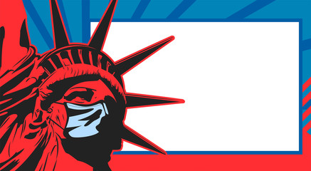 Statue of Liberty resists coronavirus by wearing a face medical mask. Vector image. COVID 19 dange