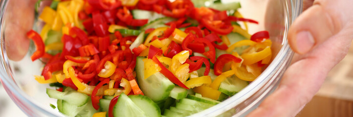 Male Hands Holding Chopped Vegetable Salad Bowl. Small Colorful Slices of Red and Yellow Pepper. Pieces of Green Organic Cucumber. Ingredient of Dieting Dish. Healthy Culinary Horizontal Photo