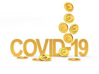 Covid-19 coronavirus symbol and falling gold coins with a Euro sign on a white background. 3D illustration