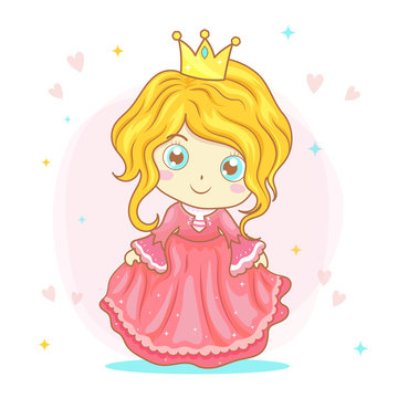Cute beautiful princess cartoon with pink dress, vector illustration