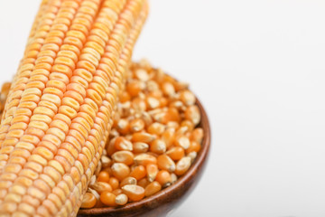 Dried corn seed on white background. Grains of ripe corn.