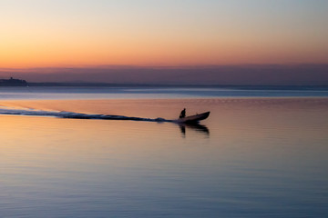 Fototapeta premium Trasimeno lake at sunset with a man on a little boat