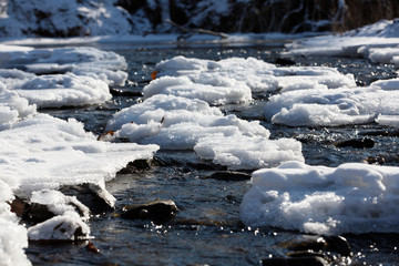 Beautiful landscape. Crystal clear water runs along the melted channel of a forest river among ice and trees. Clean forest river in the reserve.