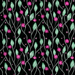 Curly pink flowers with green branches and leaves on a black background. Seamless floral pattern. Floral print on a black background.