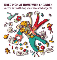 Tired mom home with children isolated objects set