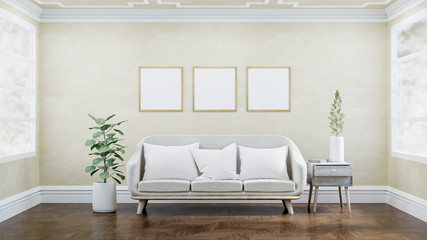 Square poster mockup with Three  frames on empty Light yellow wall in living room interior, Living room, Modern vintage interior of living room - 3D Rendering