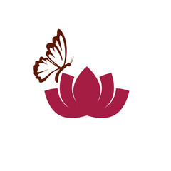 The blossoming lotus symbol with flying butterfly icon isolated on white background