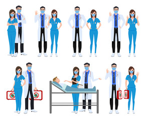Medical staff set character vector concept design. Covid-19 hospital doctor and nurse characters with corona virus patient and holding cure medicine isolated in white background. Vector illustration.