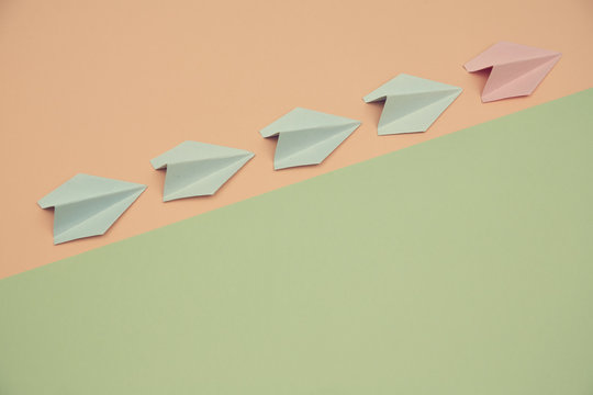 Leadership Mockup. Business Development. Increase Income. Blank Colourful Paper Airplanes Take Off. Place For Text