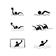 Water sports. Water polo set icon. Silhouette emblem of water polo. Logo professional sports in water. Monochrome template for poster, logo, ets. Design element. Vector illustration.