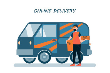 Restaurant or supermarket delivering pizza at doorstep in quarantine. Sitting home and Order online food at anytime. Man with mask delivering pizza on van poster.