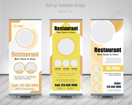 Food & Restuaruant concept. Graphic template roll-up for exhibitions, banner for Hotel, layout for placement of photos. Universal stand for Restuaruant - Vector.