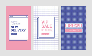 Sale banner templates. Memphis design style social media pack. 9:16