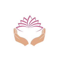 Obraz premium Hands holding a beautiful pink lotus flower for logo design isolated on white background