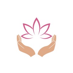 Hands holding a beautiful pink lotus flower for logo design isolated on white background