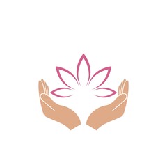 Fototapeta premium Hands holding a beautiful pink lotus flower for logo design isolated on white background