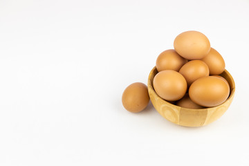 Raw chicken egg isolated on white background, space for text.