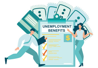 Coronavirus insurance unemployment benefits. File a claim for Unemployment Insurance. Business man and woman are looking document on a clipboard paper. COVID-19. Flat Vector illustration.