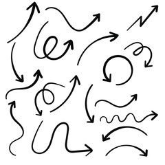 Infographic elements on isolated white background. Hand drawn wavy arrows. Set of different pointers. Abstract indicators. Black and white illustration. EPS 10